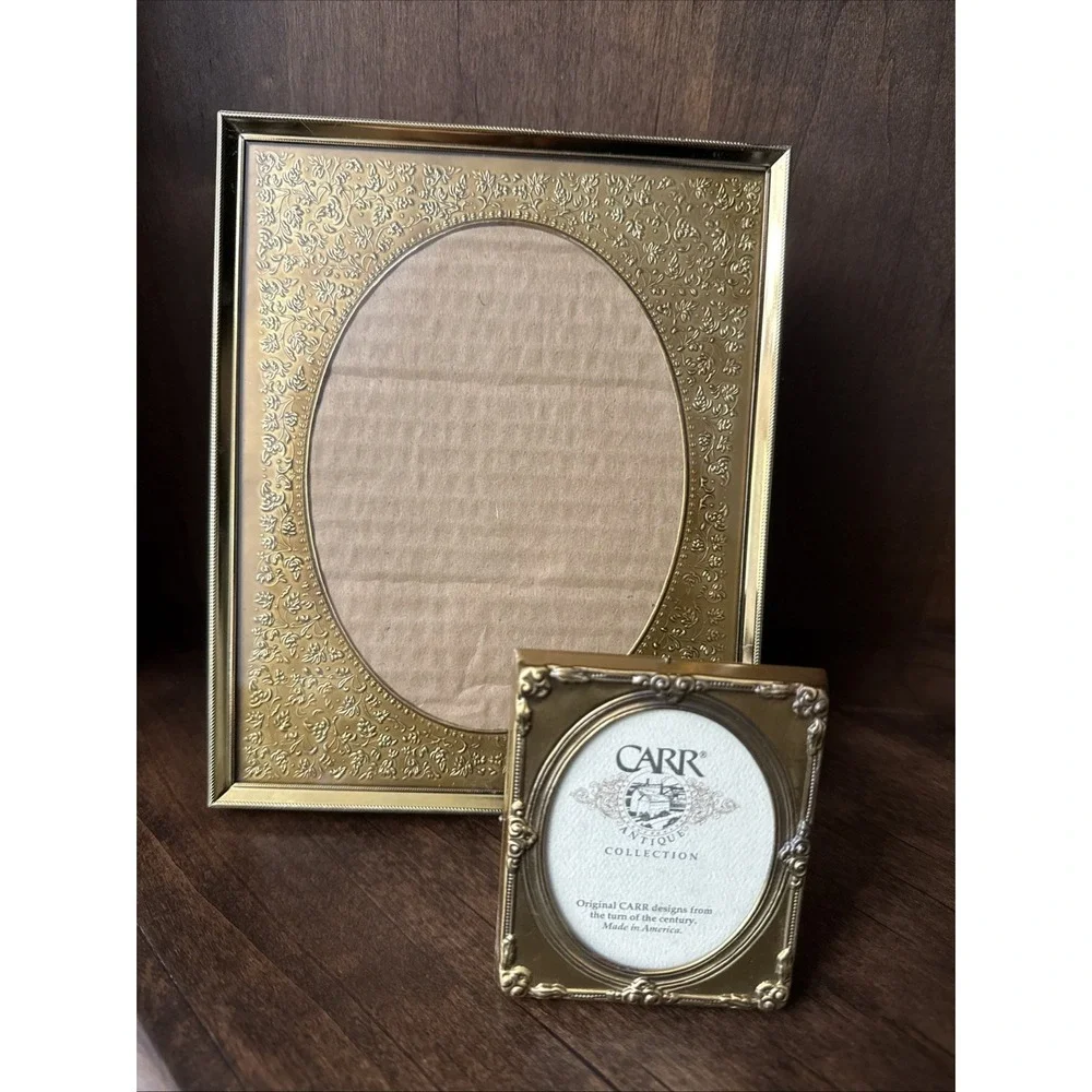 Pair Vtg Gold Tone Metal Picture Frames Embossed Filigree Border Oval Opening